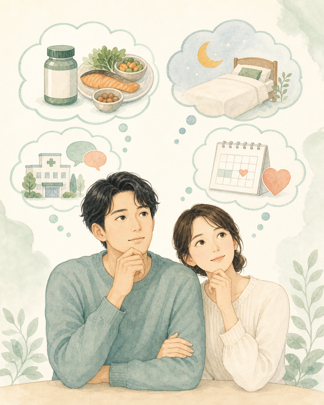 食事や睡眠、病院への相談など、妊活について一緒に考えるカップル